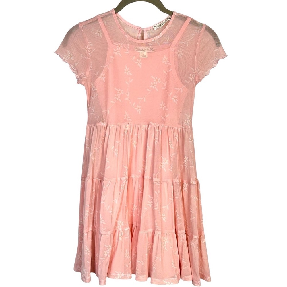 Knitworks Girls Pink Floral Mesh Tiered Dress w/ slip - 2 piece - Size 8